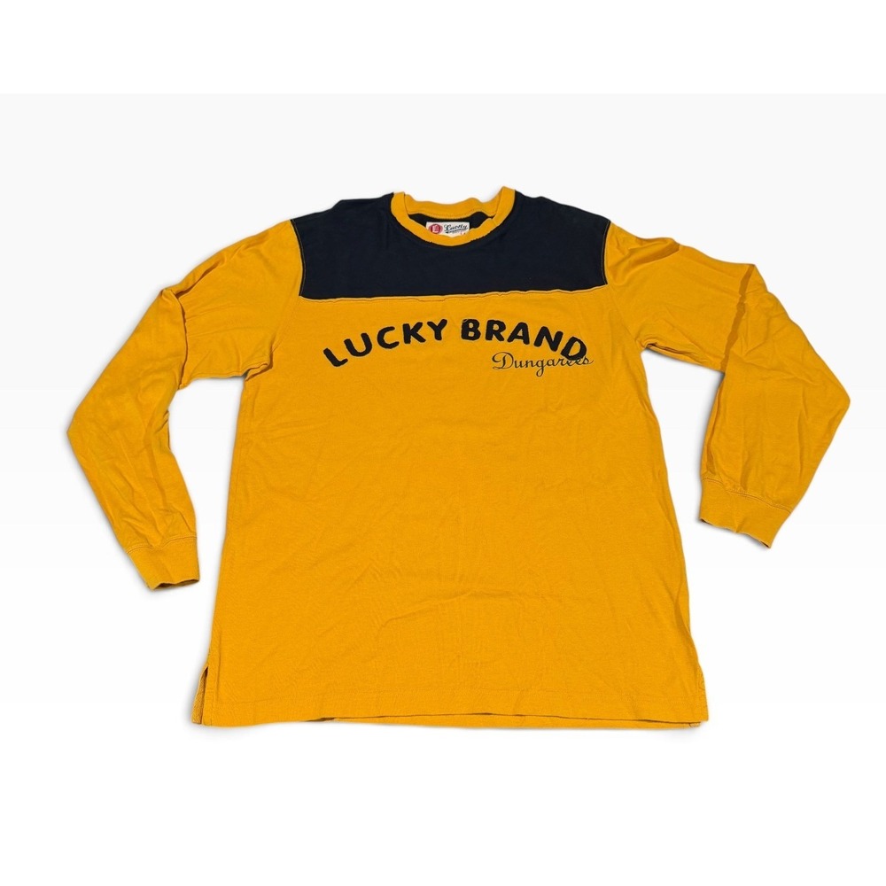 Lucky Brand Dungarees Mens Medium Long Sleeve Shirt Yellow Navy Colorblock Logo